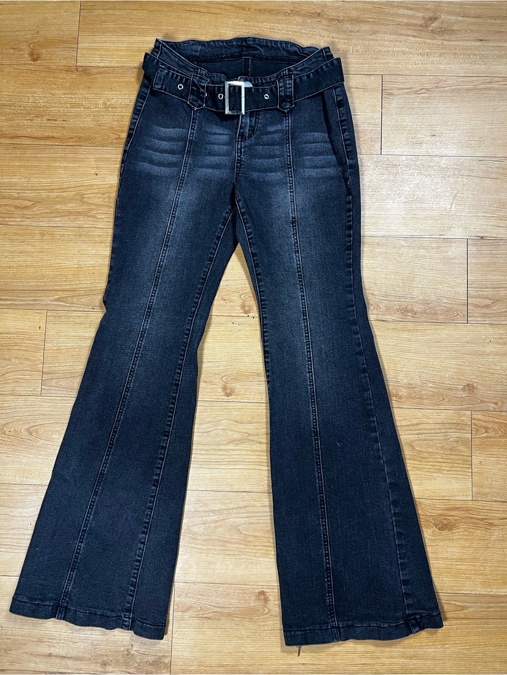 SHEIN Tall Black Washed Flare Jeans M Belted Front Seam Stretch Denim
